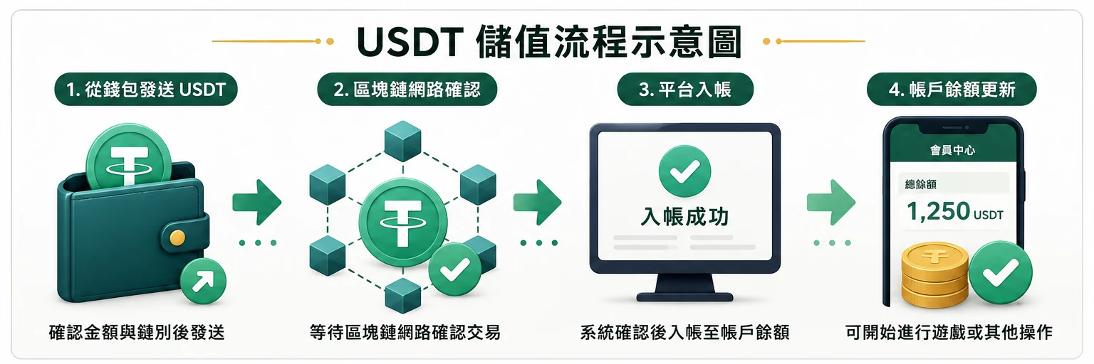 USDT儲值與區塊鏈入帳流程示意圖